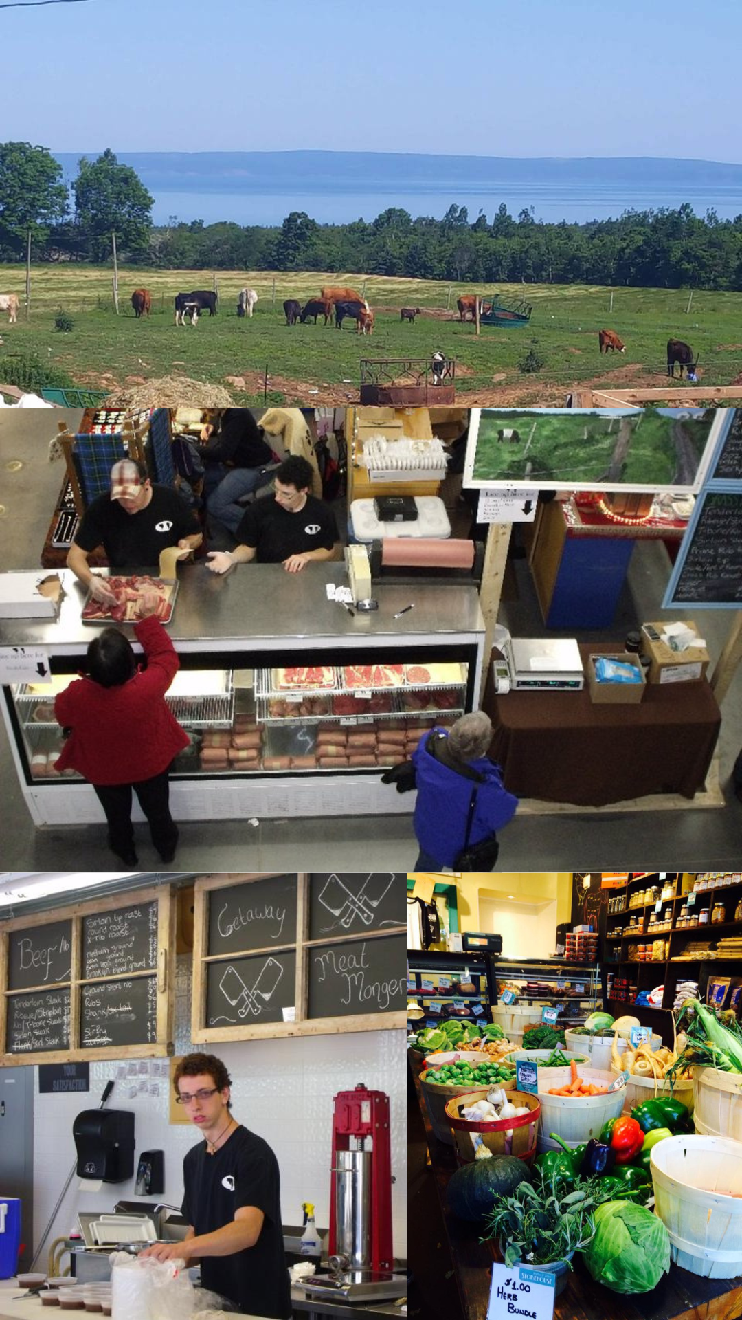 Collage of images showing cows at Getaway farms, Osprey's Roost selling at the market, and fruits and vegetables at the original store